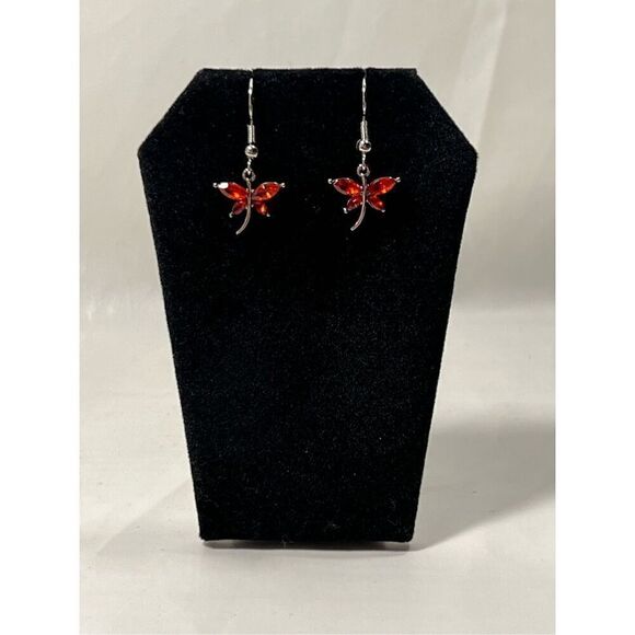 Red Dragonfly Inspired Silver Colored Fish Hook Stud Earring - Picture 1 of 3